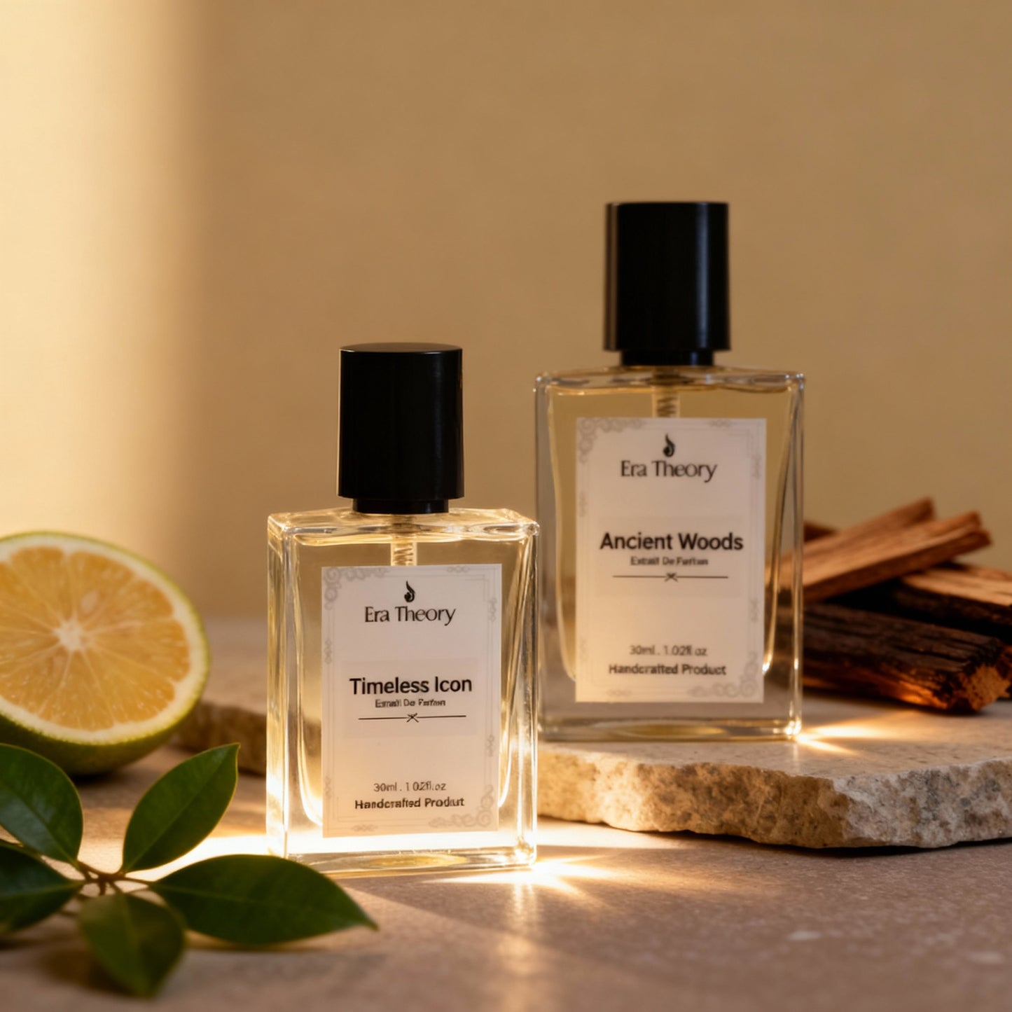 SRK Special perfume layering set by Era Theory featuring Timeless Icon and Ancient Woods bottles