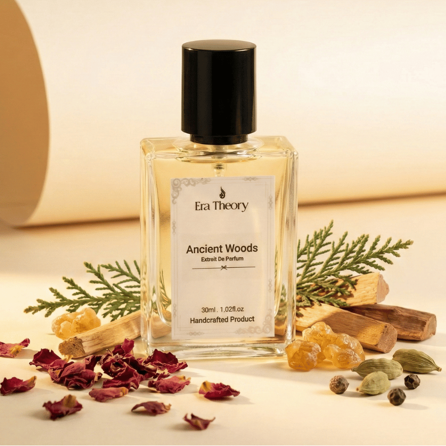 Ancient Woods perfume bottle by Era Theory inspired by Diptyque Tam Dao with creamy sandalwood and cypress notes