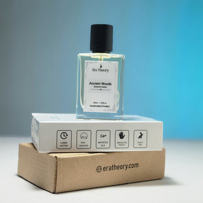 Ancient Woods perfume bottle by Era Theory inspired by Diptyque Tam Dao with creamy sandalwood and cypress notes