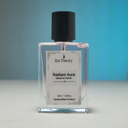 Era Theory “Radiant Aura” inspired by Bombshell — bright fruity-floral perfume bottle with peony and passionfruit notes.