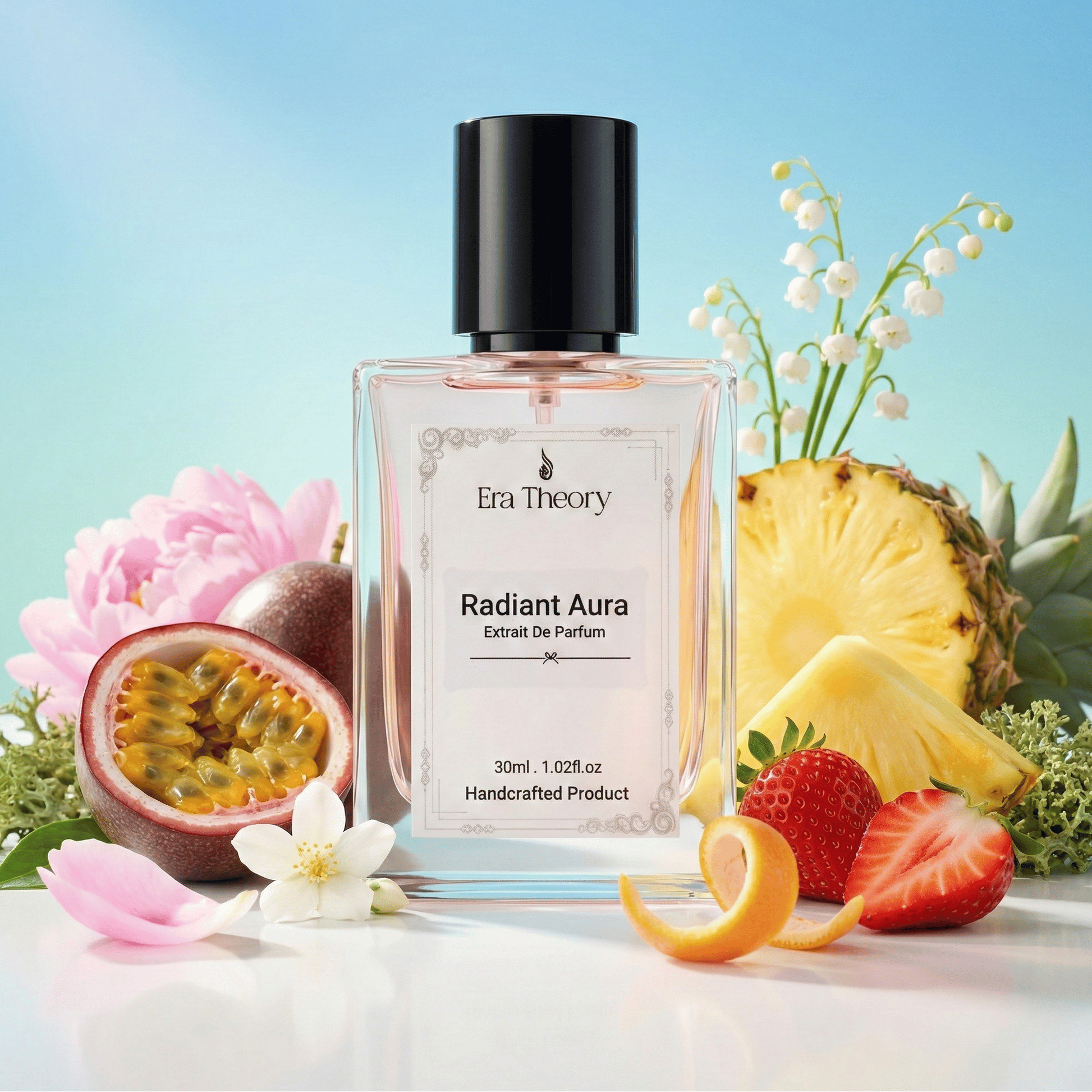 Era Theory “Radiant Aura” inspired by Bombshell — bright fruity-floral perfume bottle with peony and passionfruit notes.