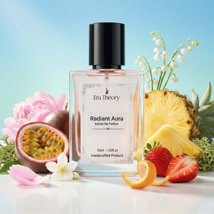 Era Theory “Radiant Aura” inspired by Bombshell — bright fruity-floral perfume bottle with peony and passionfruit notes.