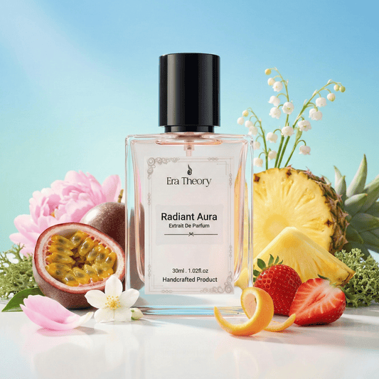 Era Theory “Radiant Aura” inspired by Bombshell — bright fruity-floral perfume bottle with peony and passionfruit notes.