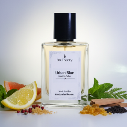 Discover Urban Blue, a woody aromatic perfume inspired by Bleu de Chanel. A sophisticated blend of zesty grapefruit, ginger, and smoky incense. Handcrafted by Era Theory.