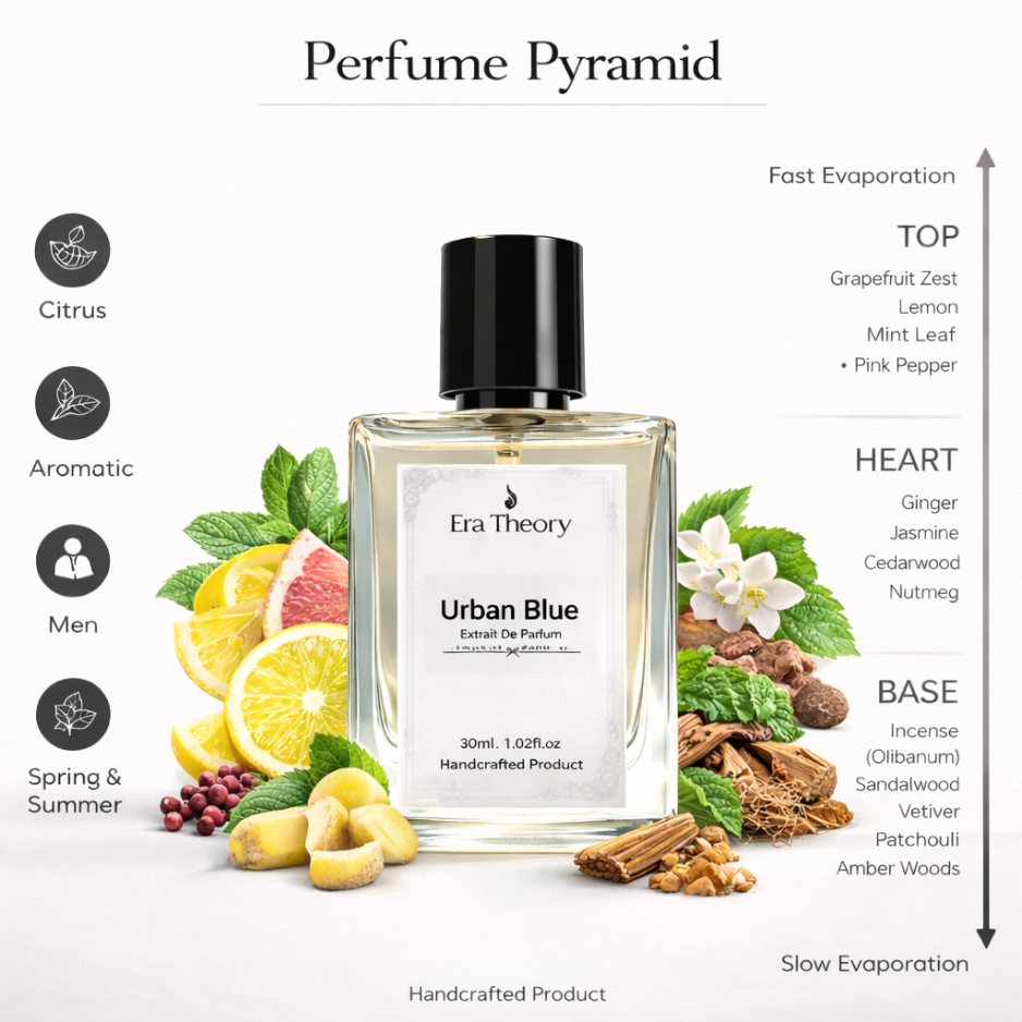 Discover Urban Blue, a woody aromatic perfume inspired by Bleu de Chanel. A sophisticated blend of zesty grapefruit, ginger, and smoky incense. Handcrafted by Era Theory.